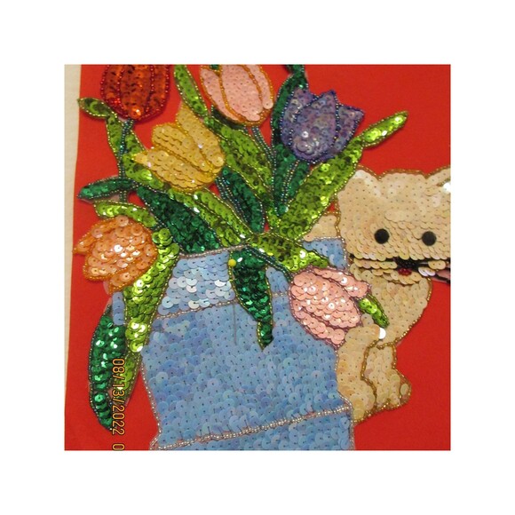 Vintage Kitten kitty Cat with Tulips Sequence Applique sewing sequence beads - Picture 5 of 5